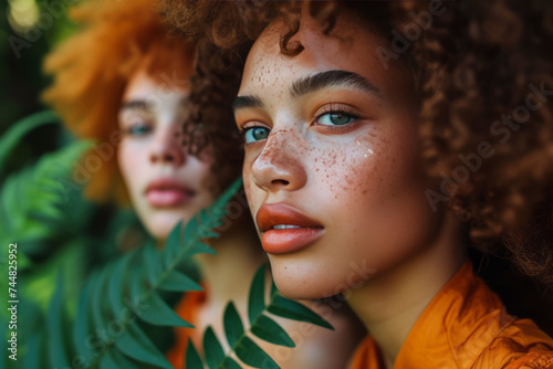 Close-up portrait of charming black young woman surrounded by green indoor plants. Beautiful African American girl with afro hairstyle and freckles looking aside thoughtfully.