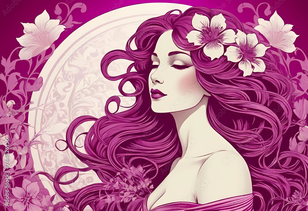 Purple is a graceful woman with flowing hair and floral touches in the Art Nouveau style
