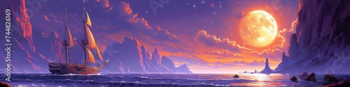 Fantastical Seascape with Sailing Ships Illuminated by a Giant Moon on a Purple Twilight