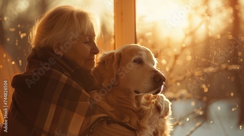 lonely senior woman with her golden retriever lovely dog at home in autumn.  