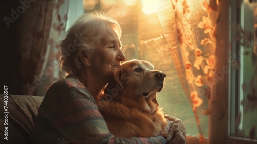 lonely senior woman with her golden retriever lovely dog at home in autumn.  