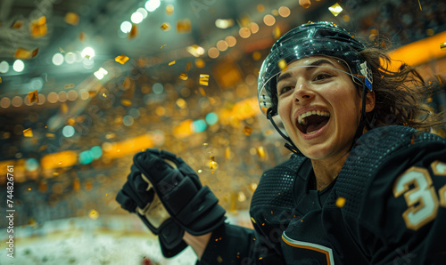 Professional female ice hockey player celebrating the championship gold