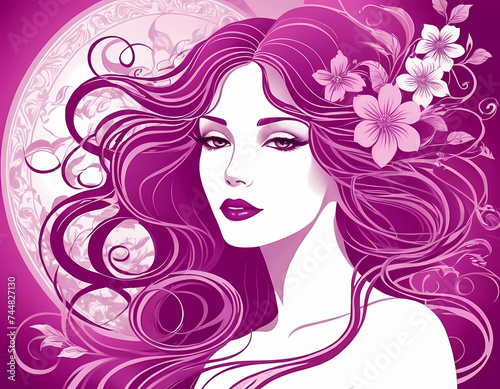 Purple is a graceful woman with flowing hair and floral touches in the Art Nouveau style 