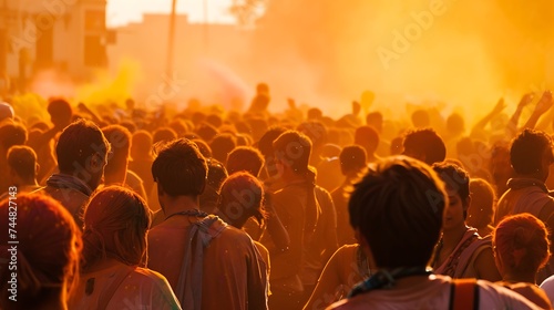 An orange Holi color over the crowd Holi festival concept