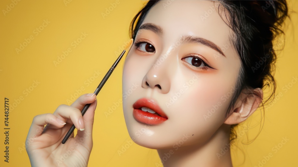 Fototapeta premium Gorgeous Korean model posing for makeup products advertisement, yellow background
