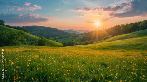 Picturesque colorful summer landscape with warm sunset lighting. A meadow with yellow wildflowers in the foreground, forested hills and evening sky in the background. photo