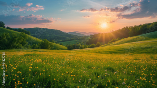 Picturesque colorful summer landscape with warm sunset lighting. A meadow with yellow wildflowers in the foreground, forested hills and evening sky in the background.