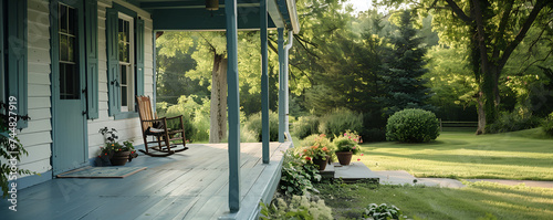 Quaint country home with a rocking chair on the porch and lush garden