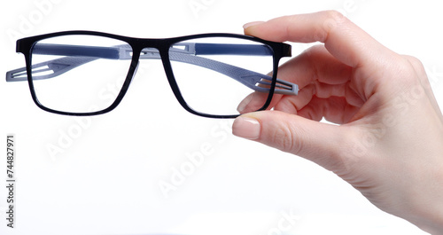 glasses for PC lens in hand on white background isolation