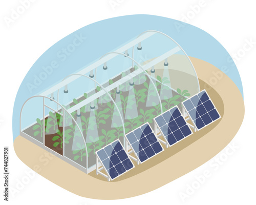 Smart farm greenhouse with hydroponics. Isometric vector illustration