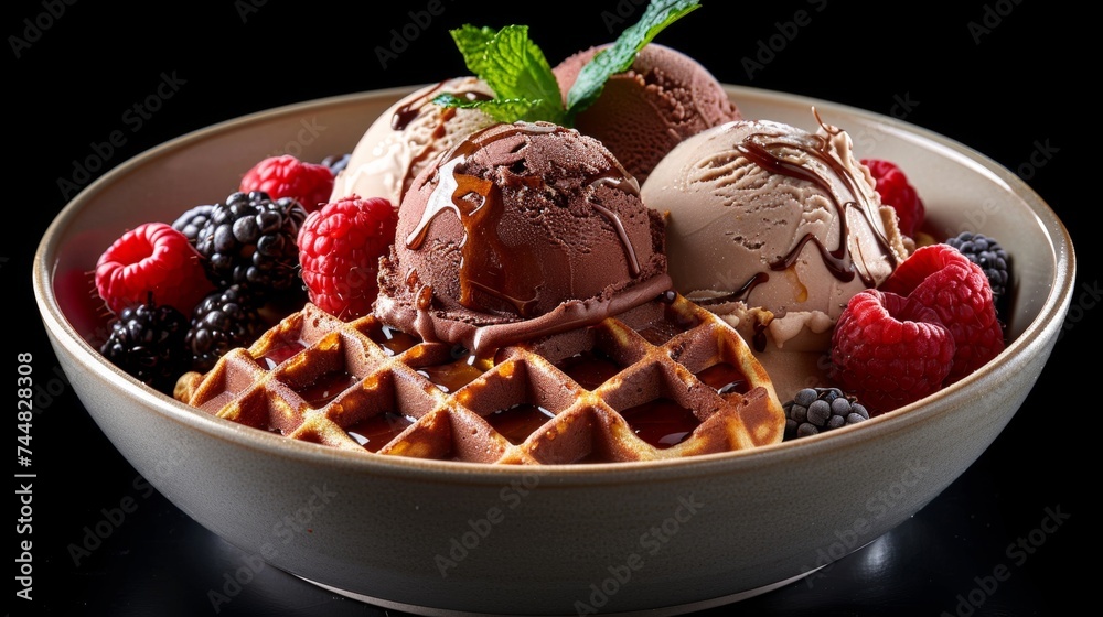 Delicious ice cream in waffle cone with chocolate, caramel, maple, and honey syrup toppings Delicious ice cream in waffle cone with chocolate, caramel, maple, and honey syrup toppings