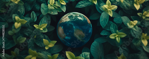 Banner of Earth globe in green leaves and plants. World environment, Earth day, Green Energy. Environment and conservation concept. Environmental problems and protection. Caring for nature and ecology