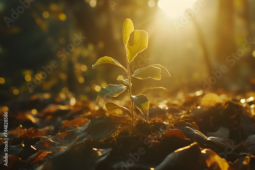 Banner of young plant growing in the morning light on blurred nature background. Seedling growing in the soil with sunlight. Green world and Earth day concept. Ecology and ecological balance