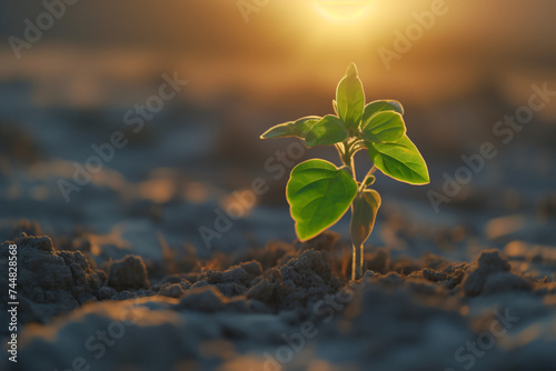Banner of young plant growing in the morning light on blurred nature background. Seedling growing in the soil with sunlight. Green world and Earth day concept. Ecology and ecological balance