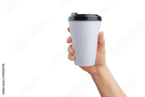 Hand holds white paper cup for takeaway coffee transparent. Ideal surface for logo promotion and mockup. Perfect for branding and marketing projects