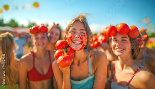 Tomato Festival. Tomato party. Tomato war. Young people having fun at tomato party.