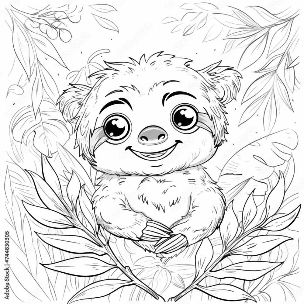 Fototapeta premium Template for coloring cartoon animal sloth in the forest. Children's coloring book