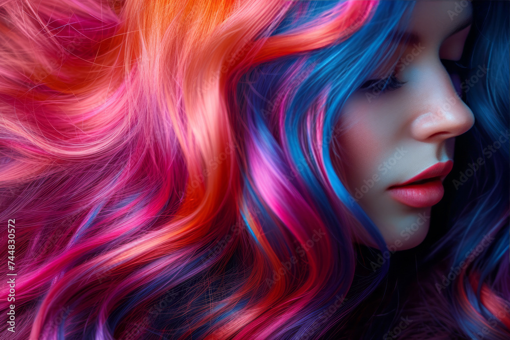 Close-up portrait of beautiful young Caucasian woman with long wavy hair dyed in different neon colors. Charming female model with perfect makeup and multi-color hairstyle. Diversity in fashion. Close-up portrait of beautiful young Caucasian woman with long wavy hair dyed in different neon colors. Charming female model with perfect makeup and multi-color hairstyle. Diversity in fashion.