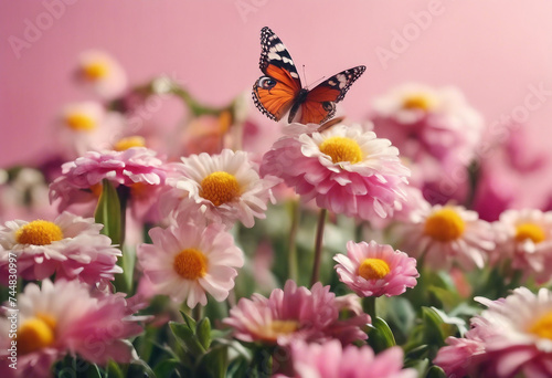 Beautiful spring and summer flowers and butterflies on pink banner Spring Easter or summer holiday b © ArtisticLens