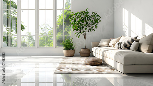 Light-filled lounge: potted plants by the window, plush sofa inviting relaxation © eleonora_os