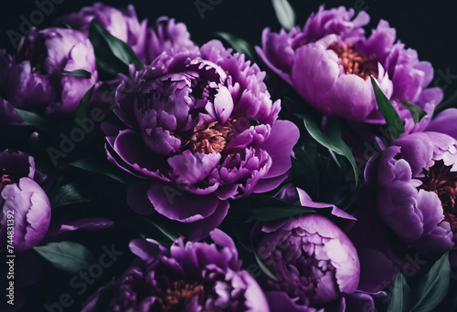 Beautiful Violet peonies bouquet on black Floral background Natural flowers pattern