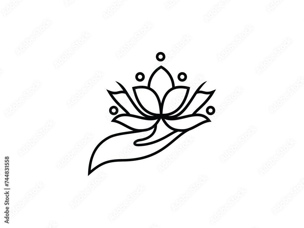 Feminine luxury lotus flower logo design template. Hand and lotus flower logo made with lines