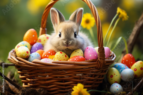 Cute little bunny in the basket and easter eggs in the meadow