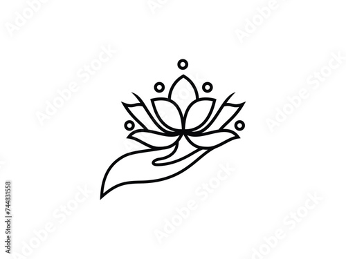 Feminine luxury lotus flower hand logo design template. Hand and lotus flower logo made with lines