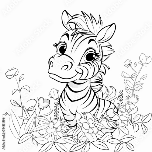 Template for coloring cartoon animal little zebra in forest. Children s coloring book