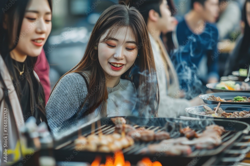 Joyful Asian Woman Smiling at Barbecue Party with Friends in Urban Setting