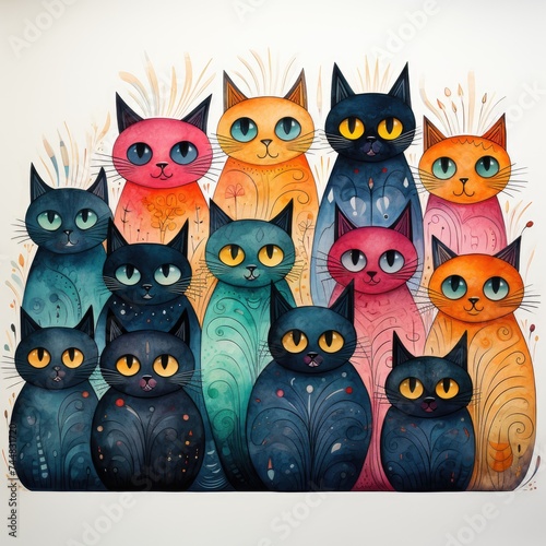 Cartoon cats pattern, art, illustration. Group photo of kittens. Postcard template or wallpaper with cats. Print with kittens for children's clothing, stationery, books, posters. Funny kittens drawing
