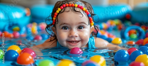 Adorable baby happily playing with colorful bath toys in a cozy bath or pool setting © Viktoria
