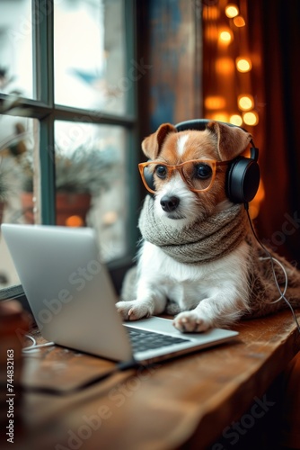 A dog wearing headphones and a scarf sitting on a table with a laptop. Generative AI.