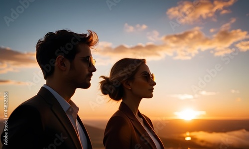 A couple stands face to face  their affection illuminated by the sun s last rays reflected in their sunglasses  encapsulating a moment of romance.