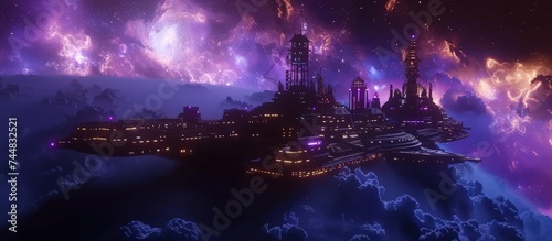 Fantasy futuristic fiction city spaceship on a planet in space other planet background. AI generated