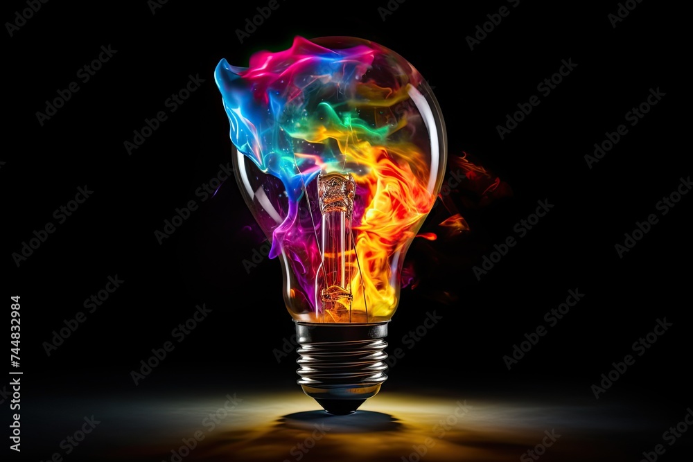 Idea Concept - Creative Light Bulb Explodes with Colorful Paint and Splashes on Black Background Idea Concept - Creative Light Bulb Explodes with Colorful Paint and Splashes on Black Background