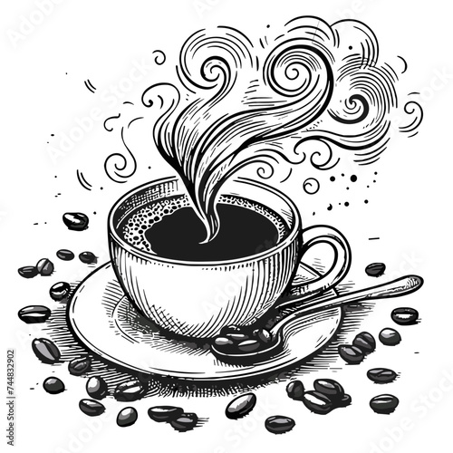 Fragrant Drink: vector drawing of a Hot Cup with a Soulful Smoke of Coffee, Conveying Comfort and Charge of Energy