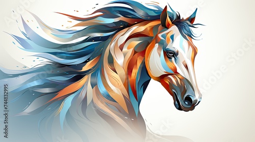 Colorful illustration portrait of a horse drawing with paints on a white background, watercolor painting. Drawing horse print for clothing or paper, concept art, wall painting, background, banner. © Nataly G