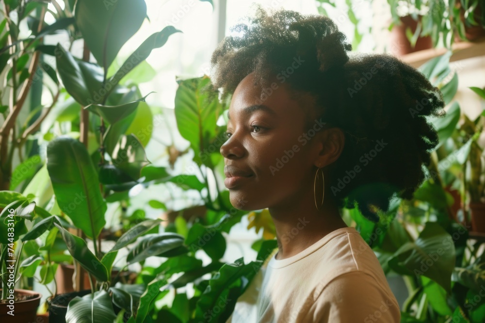 Tranquil Young Black Woman Amidst Lush Indoor Plants in a Serene Home Setting Tranquil Young Black Woman Amidst Lush Indoor Plants in a Serene Home Setting
