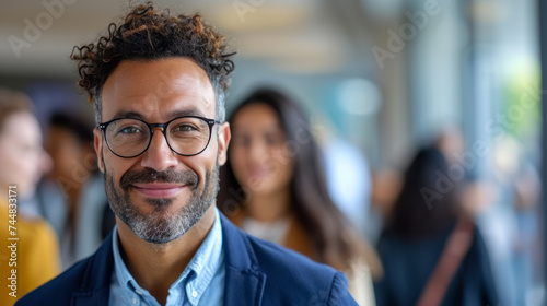 Close-up portrait of cheerful mature man wearing blue suit in bright office. Confident Hispanic businessman with trimmed beard and glasses. Diversity in business.