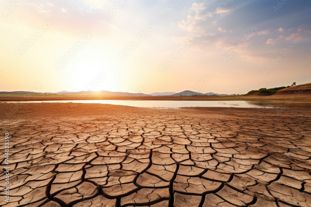 Sun setting over a dry, cracked landscape representing climate change. Landscape of Drought-Stricken Land