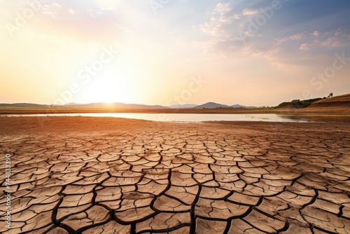 Sun setting over a dry, cracked landscape representing climate change. Landscape of Drought-Stricken Land