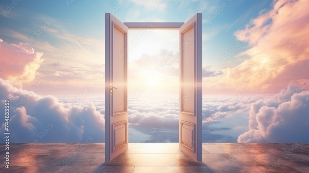 Open doorway leading to surreal sky. Concept of heaven, hope, dreams, positivity, new horizons, freedom, the unknown, mystery, wonder, limitless possibilities. Open doorway leading to surreal sky. Concept of heaven, hope, dreams, positivity, new horizons, freedom, the unknown, mystery, wonder, limitless possibilities.
