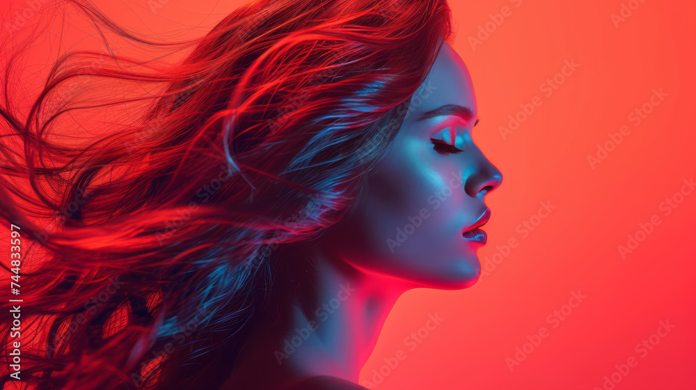 Fantasy close-up portrait in profile of a beautiful young woman with long waving hair. Complicated studio lighting combining different color palettes. Light painting effect, red studio background.