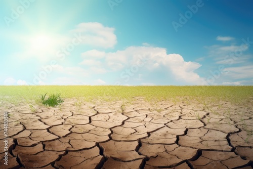 Dried earth transitioning to green field, representing climate change. Climate Change Conceptual Image