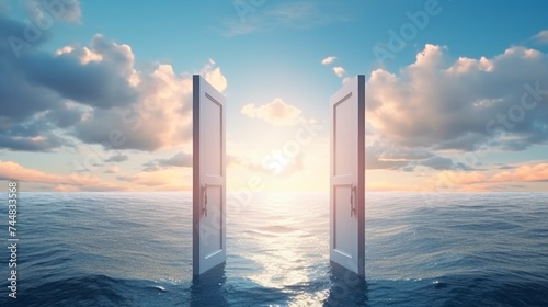 Open door to a serene ocean. Concept of calmness, dreams, relaxation, freedom, adventure, journey, new beginnings, the unknown, mystery, exploration, and limitless possibilities.