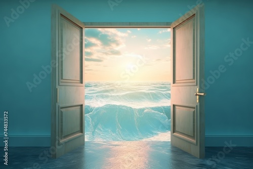 Open doors leading to the ocean with clear water. Concept of escape  vacation  peaceful retreats  heavenly shorelines  calmness  relaxation  freedom  adventure  and limitless possibilities.