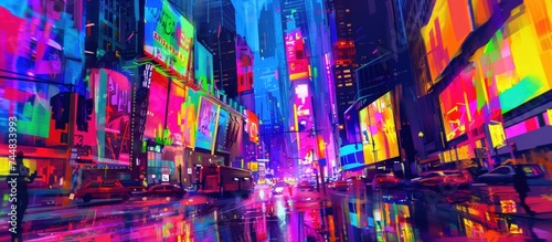 Illustration painting of futuristic vibrant colorful cyberpunk city. AI generated image