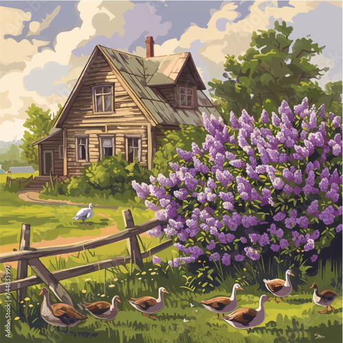 Illustration of a summer landscape in a village with a wooden house and a lilac bush
