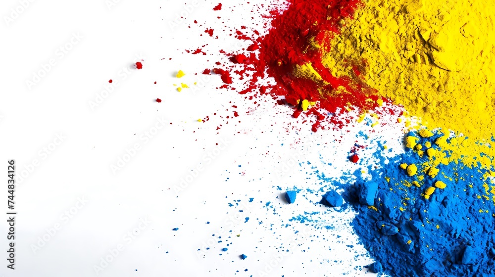 Red yellow blue Colorful Holi powder on white background Red yellow blue Colorful Holi powder on white background